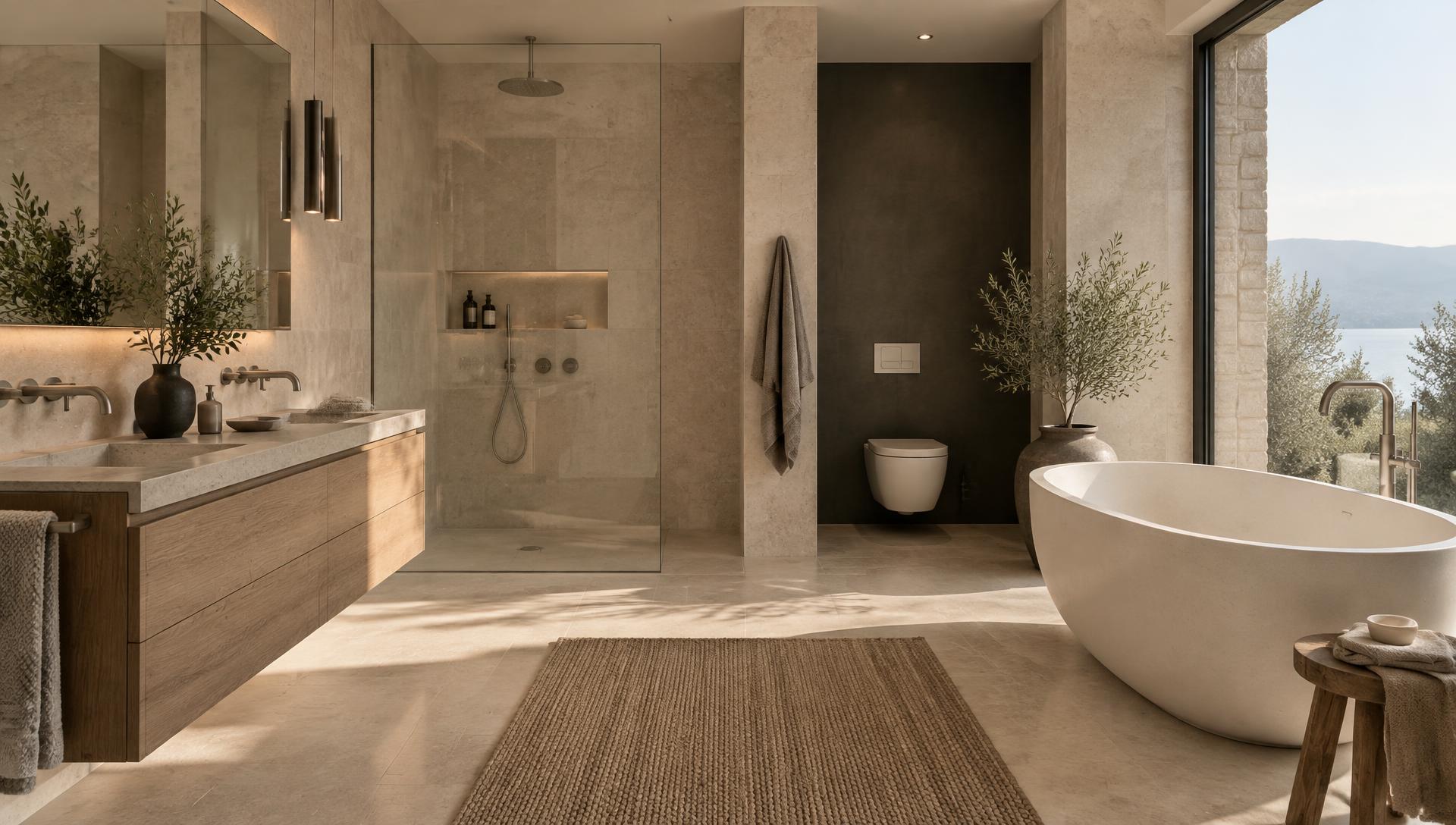 Exklusives Bad mit Naturstein, Eichenholz und freistehender Badewanne